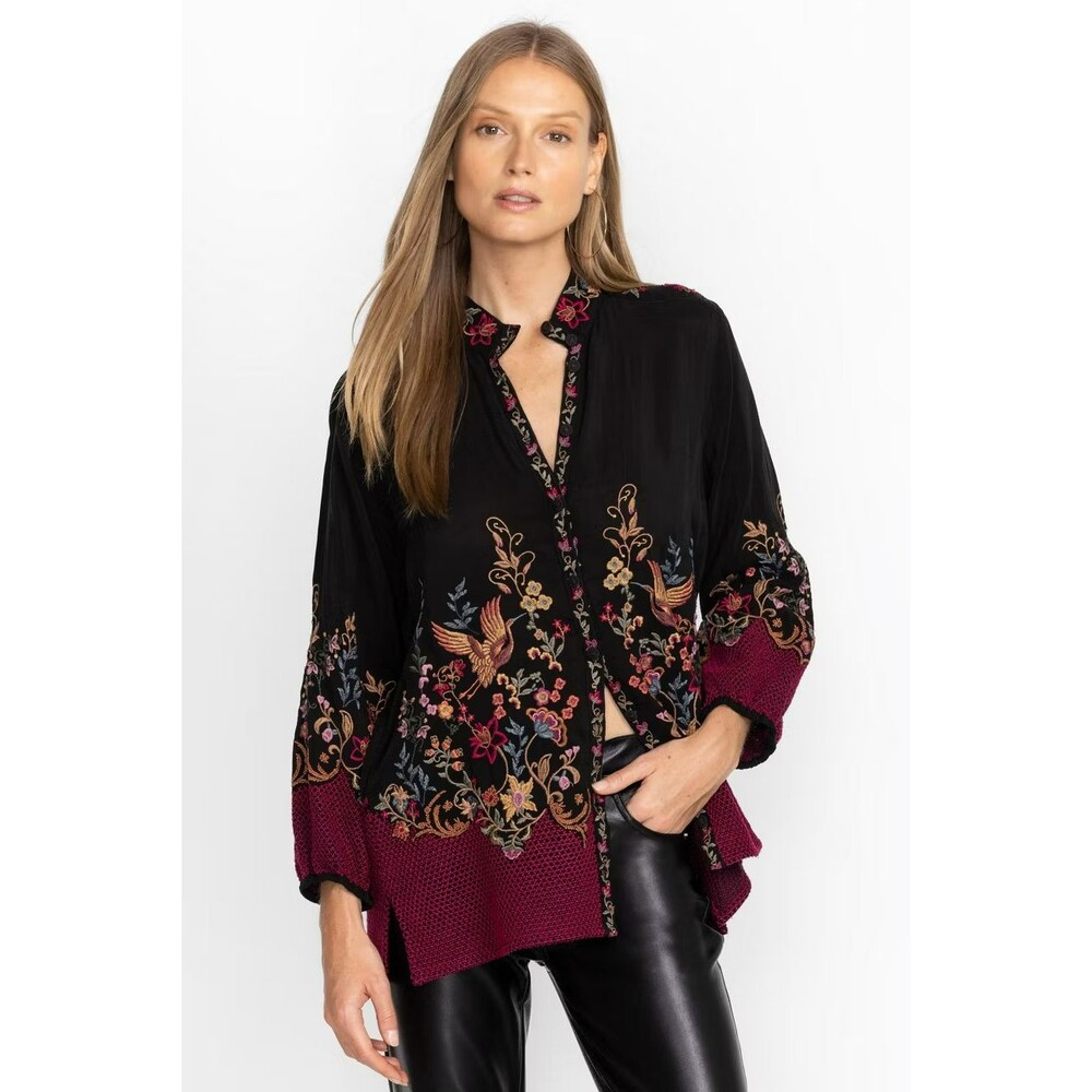Johnny Was Black Floral Embroidered Boho Blouse Bird Print Tunic Top